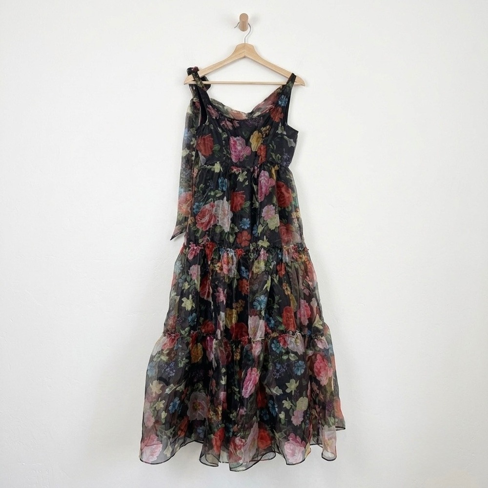 Chelsea28 Romantic Goth Dark Floral Tiered Organza Maxi Dress Bow Accent XS